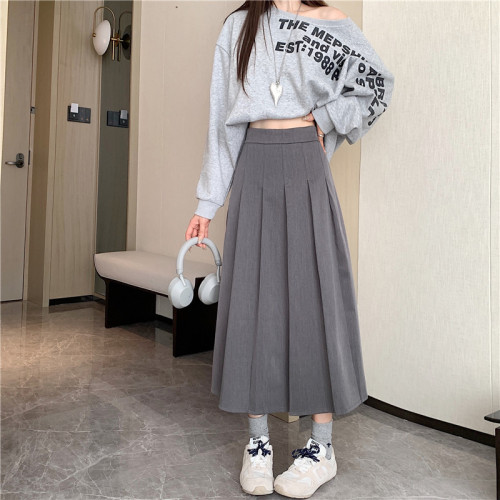 Autumn and winter pleated skirt for fat girls, age-reducing A-line skirt, chic design skirt, summer mid-length skirt, solid color