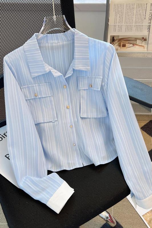 French style retro lapel shirt for women autumn new design blue striped top