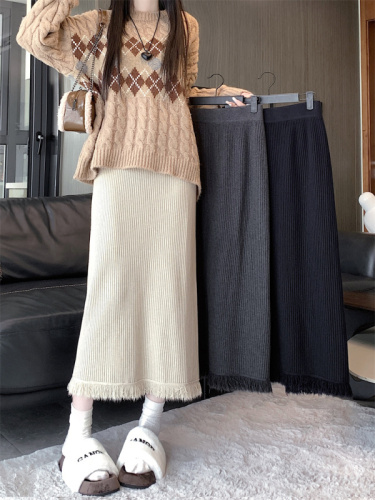 Large size tassel skirt women's one-step skirt wool skirt skirt knitted hip skirt long skirt fat mm spring autumn winter