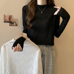 Plus size women's clothing for fat girls in autumn and winter with solid color hook-and-loop lace versatile slimming high-neck long-sleeved bottoming shirt