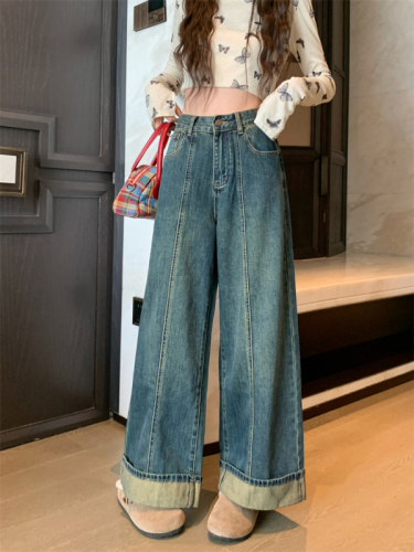 Large size clothing, cuffed design, spliced ​​nine-point jeans, lazy style, casual retro straight wide-leg pants