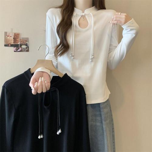 Large size 2024 new Chinese style design stand collar long-sleeved T-shirt solid color tops for women