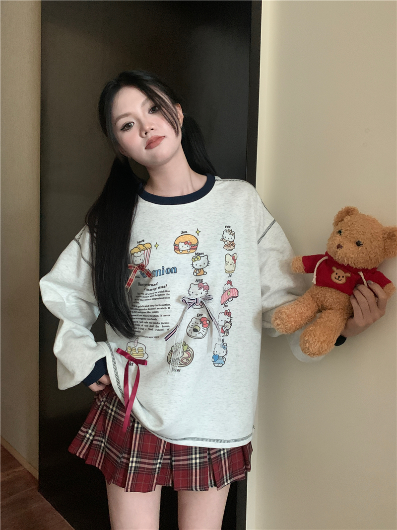 Real shot of interesting printed loose long-sleeved sweatshirt for women Korean style stitching lace bow