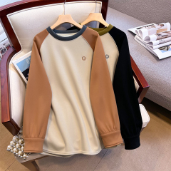 Embroidered smiling face contrasting color raglan sleeves plus velvet thickened sweatshirt for women mid-length slim casual top autumn and winter
