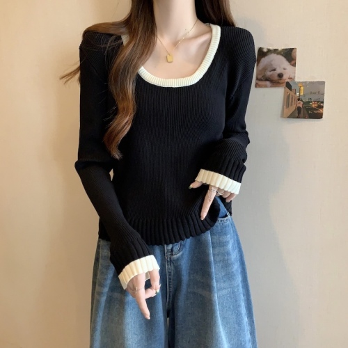 Large size French square collar black sweater long-sleeved women's 2024 slightly fat mm slim inner top