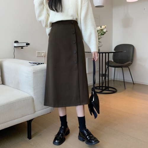 Autumn and winter Korean style high-waisted slim-breasted breasted slit A-line skirt for fat girls woolen crotch-covering butt-covering long skirt