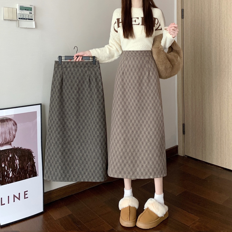 Plus size fat girl autumn and winter new style simple lady super slim A-line skirt geometric pattern high waist skirt