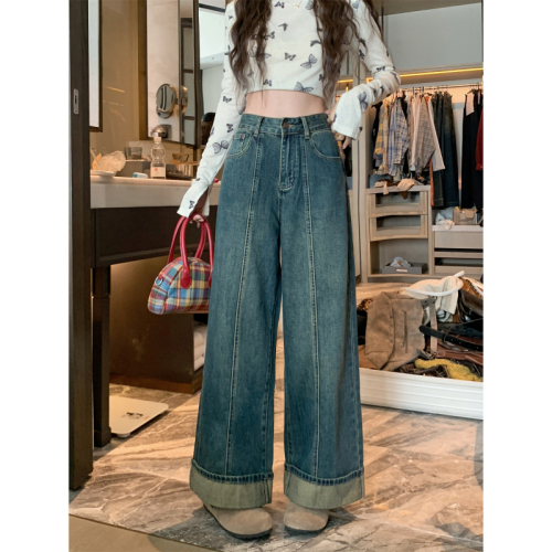 Large size clothing, cuffed design, spliced ​​nine-point jeans, lazy style, casual retro straight wide-leg pants