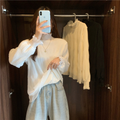 Large size half turtleneck lace bottoming shirt for women in autumn and winter plus velvet and thickened inner bell sleeves fungus top for fat mm