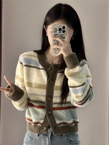 The first imitation mink long-sleeved top knitted sweater for women, bottoming shirt for women, autumn and winter cardigan, coat, striped warm sweater