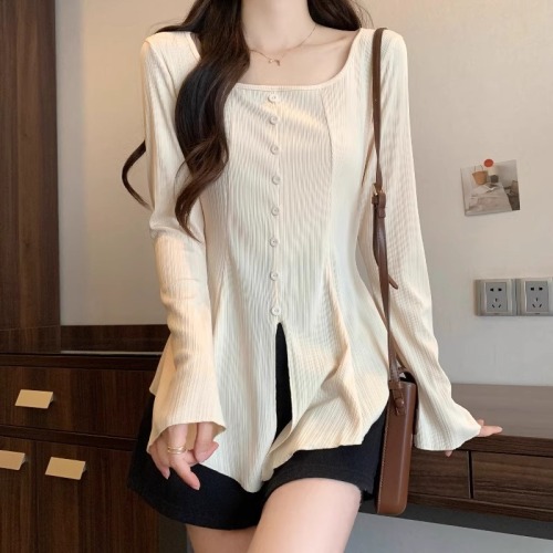 Original workmanship square neck long-sleeved T-shirt for women plus size fat mm waist-covering belly shirt irregular slit top