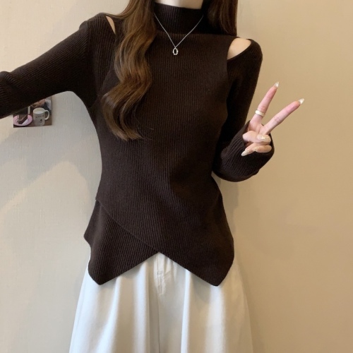 Large size half turtleneck off-shoulder irregular bottoming sweater for women in autumn and winter plus size fat mm temperament age-reducing top