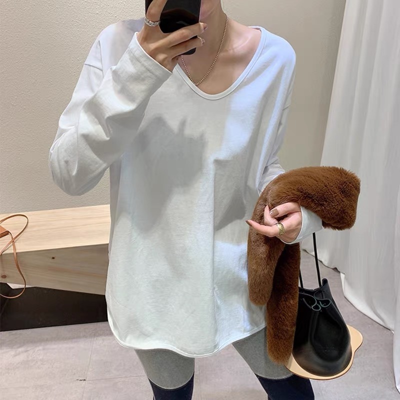 White long-sleeved T-shirt for women to layer with early spring and autumn new style bottoming shirt pure cotton V-neck loose casual slim top