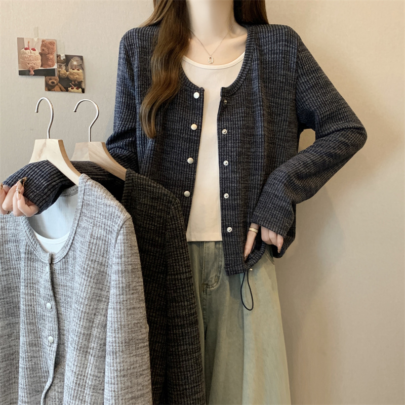 Large size new Korean style small fresh splicing fake two-piece round neck drawstring casual versatile cardigan top for women