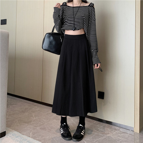 Autumn and winter pleated skirt for fat girls, age-reducing A-line skirt, chic design skirt, summer mid-length skirt, solid color