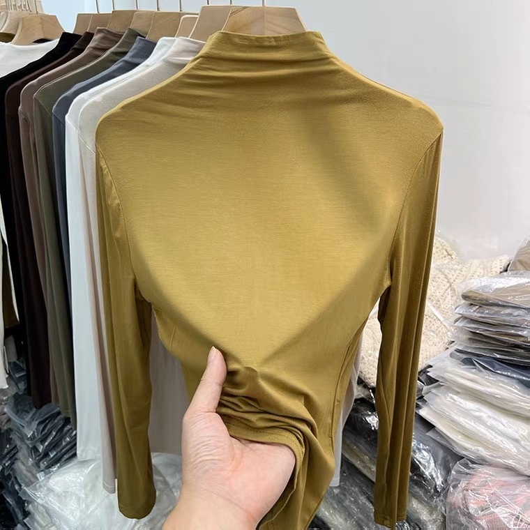 European style semi-high collar thin long-sleeved T-shirt women's autumn new facial mask T solid color inner base layer top