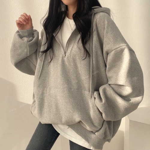 Velvet thickened zipper hooded sweatshirt women's coat autumn and winter loose bf lazy trend niche