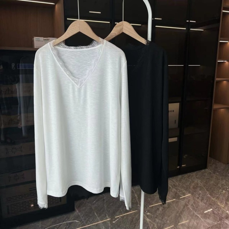 Large size slightly fat mm lace splicing bottoming shirt, casual and lazy long-sleeved T-shirt for women 2024 new autumn