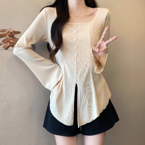 Original workmanship square neck long-sleeved T-shirt for women plus size fat mm waist-covering belly shirt irregular slit top