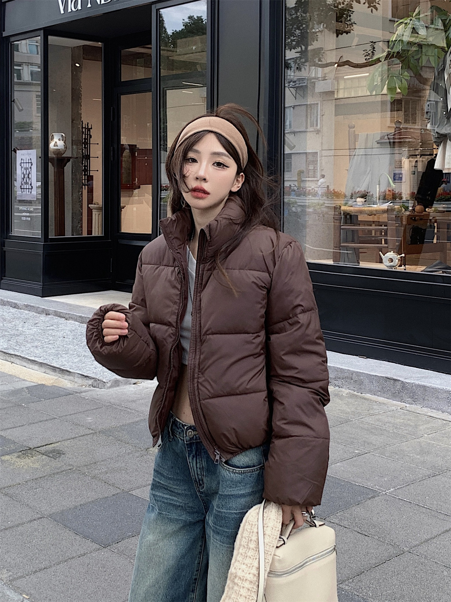 Real shot ~ American short cotton coat for women 2024 new bread stand collar short autumn and winter coat