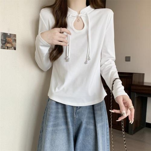 Large size 2024 new Chinese style design stand collar long-sleeved T-shirt solid color tops for women