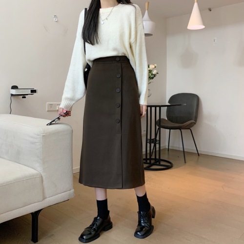 Autumn and winter Korean style high-waisted slim-breasted breasted slit A-line skirt for fat girls woolen crotch-covering butt-covering long skirt