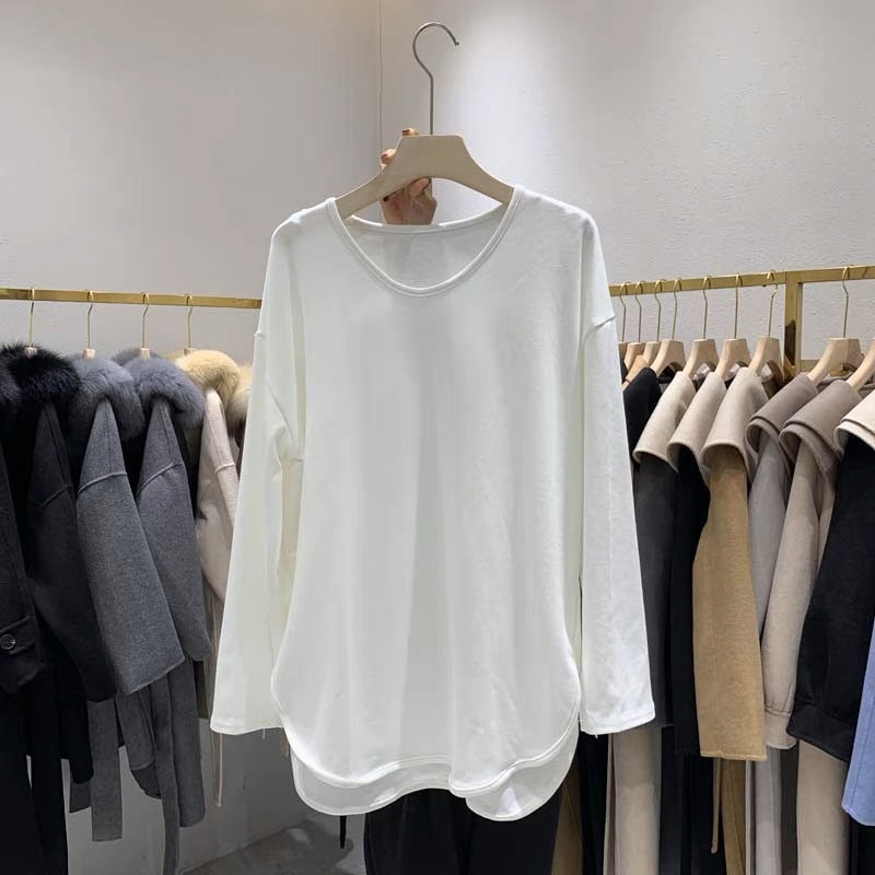 South Korea's Dongdaemun autumn and winter fashionable long-sleeved U-neck plus velvet pure cotton pullover slit literary and versatile bottoming top for women