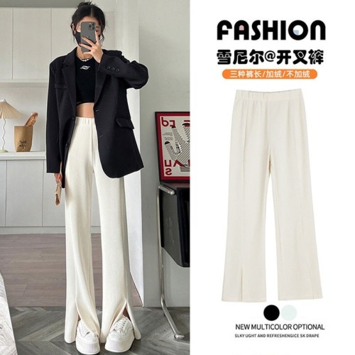 Kapok chenille slit wide leg pants for women straight high waist casual bootcut pants