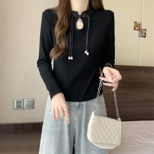 Large size 2024 new Chinese style design stand collar long-sleeved T-shirt solid color tops for women