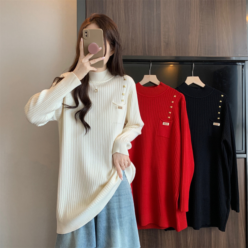 Plus size women's Korean style asymmetrical pocket design top slightly fat mid-length sweater