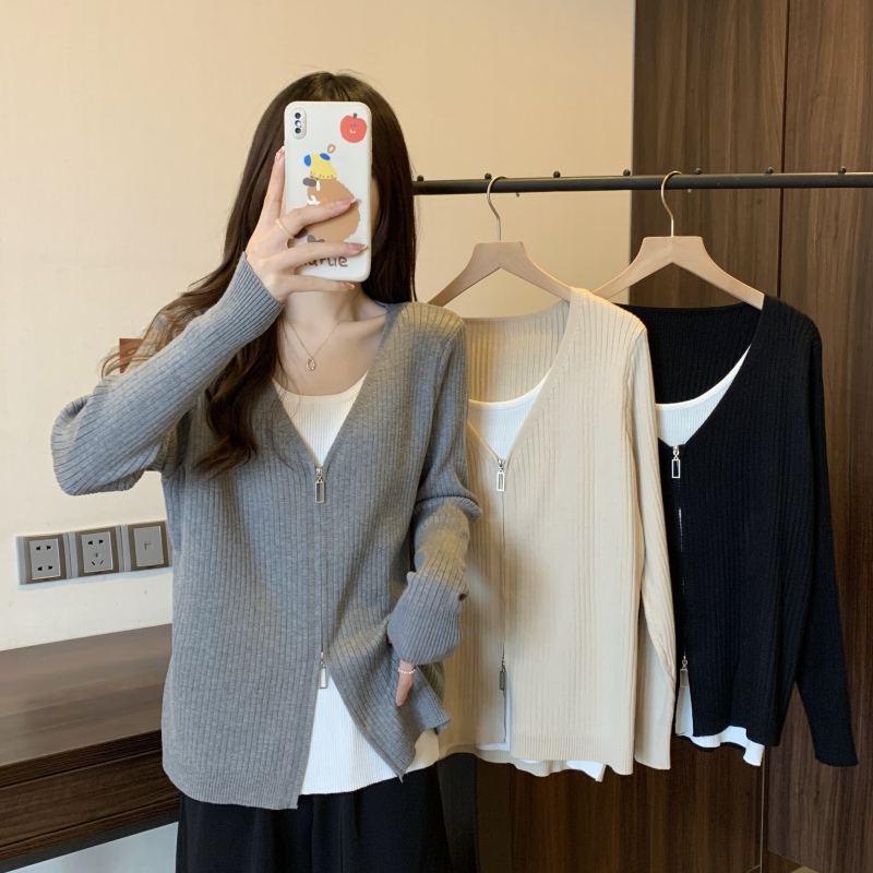 Plus size women's fat mm fake two-piece sweater Korean style ins shoulder loose slim long-sleeved T-shirt