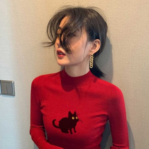 DeRong Pure Desire Hot Girl Red Half Turtle Collar Long Sleeve T-Shirt Feminine Niche DeRong Slim Bottoming Top