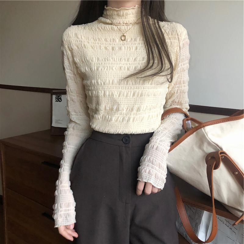 Plus size women's fat mm half turtleneck plus velvet thickened lace bottoming shirt autumn and winter inner wear outer top