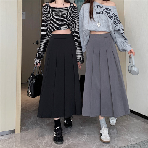 Autumn and winter pleated skirt for fat girls, age-reducing A-line skirt, chic design skirt, summer mid-length skirt, solid color