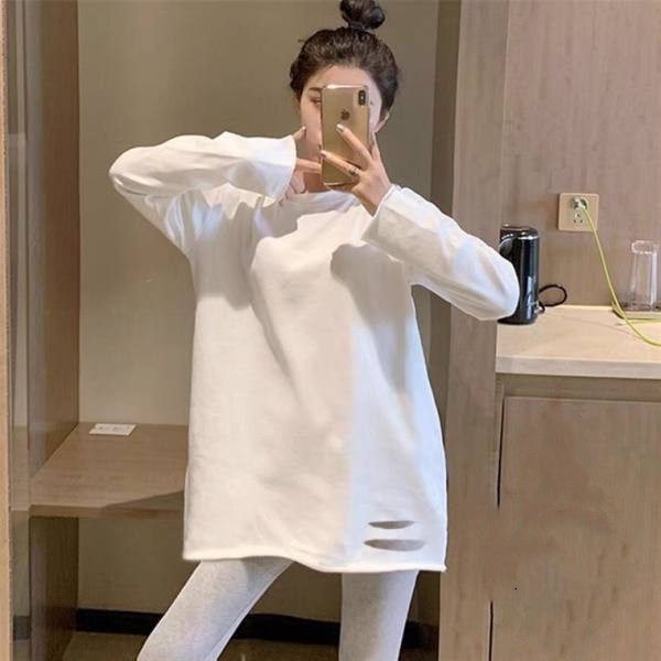 In stock~Autumn and winter new pure cotton long-sleeved T-shirt loose Korean style mid-length layered bottoming shirt solid color white