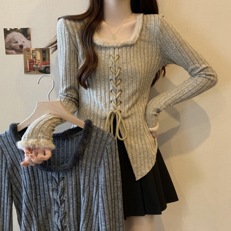 Plus size women's new winter fashion niche design pure lust style hot girl slim plush collar top