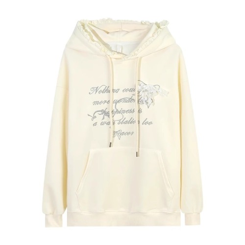 Original workmanship Korean style bow patchwork hooded sweatshirt autumn 2024 new loose slimming white top