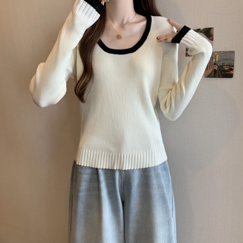 Large size French square collar black sweater long-sleeved women's 2024 slightly fat mm slim inner top