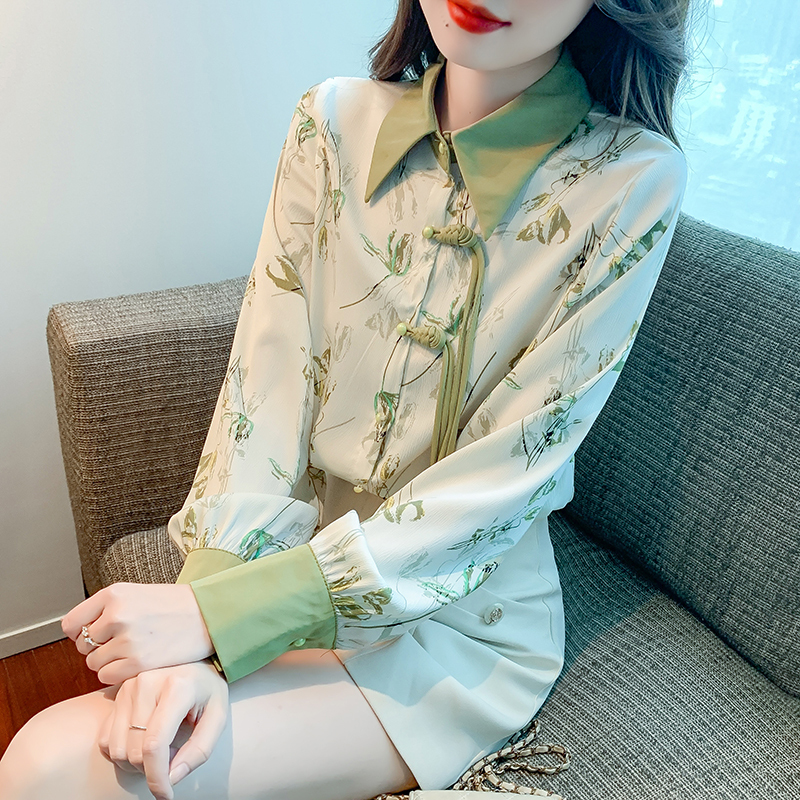 New Chinese Style Retro Floral Shirt Women's New Chinese Style Long Sleeve Loose Slim Chiffon Top