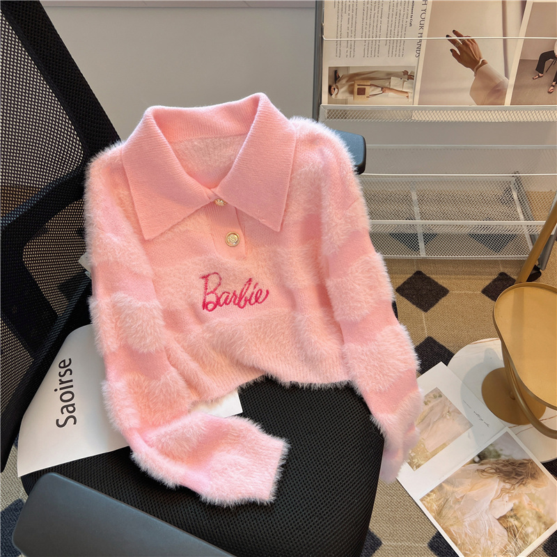 Autumn and winter sweet POLO collar short warm and soft waxy sweater for little women's knitwear