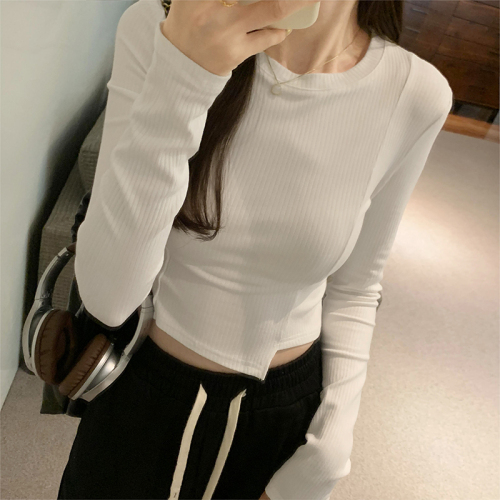 Picture short navel exposed irregular splicing long-sleeved T-shirt autumn slim fit versatile top for small people