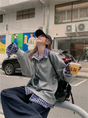 Real shot of fake two-piece plaid splicing long-sleeved T-shirt for women autumn lapel top