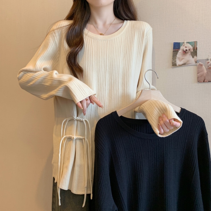 Fat girl large size autumn and winter round neck retro Chinese bow knitted sweater loose and slim sweater