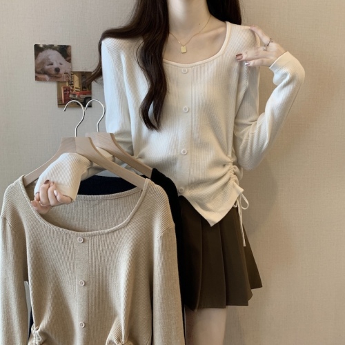 Large size belly-covering drawstring irregular long-sleeved bottoming women's spring and autumn fat mm slimming flesh-covering V-neck sweater