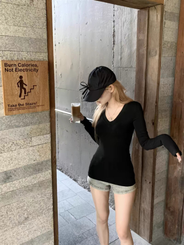 Modal 92 rayon 8 spandex 260g solid color V-neck long-sleeved T-shirt women's slim sun protection shirt versatile top