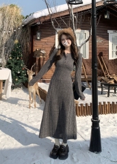 Large size knitted dress with bottoming velvet thickened French long skirt