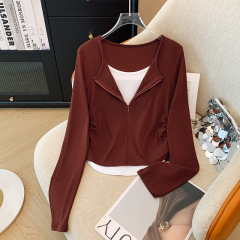 Korean fashion contrasting color stitching v-neck fake two-piece T-shirt for women in early autumn slimming bottoming long-sleeved top trendy