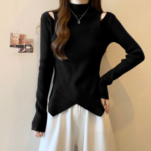 Large size half turtleneck off-shoulder irregular bottoming sweater for women in autumn and winter plus size fat mm temperament age-reducing top