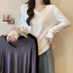 Fat girl plus size new V-neck shirring on both sides to cover the flesh and make the body slimming long-sleeved T-shirt