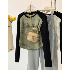 Brushed plus velvet bottoming shirt for women in winter, new American retro large size raglan long-sleeved T-shirt